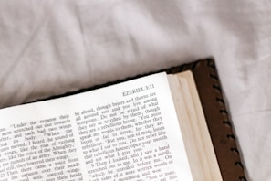 An open book lies on a white surface, displaying a page from the Book of Ezekiel in the Bible. The page shows text in two columns with the heading 'Ezekiel 3:11'. The book appears to have a leather binding.