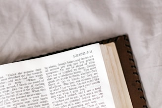 An open book lies on a white surface, displaying a page from the Book of Ezekiel in the Bible. The page shows text in two columns with the heading 'Ezekiel 3:11'. The book appears to have a leather binding.
