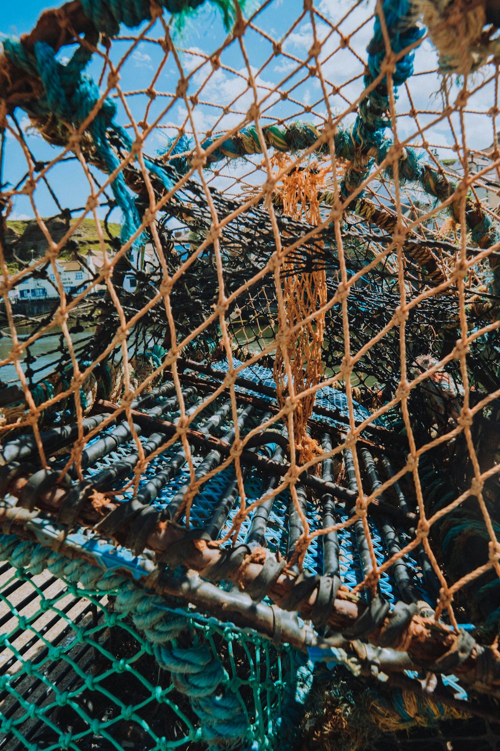a close up of a net on a boat
