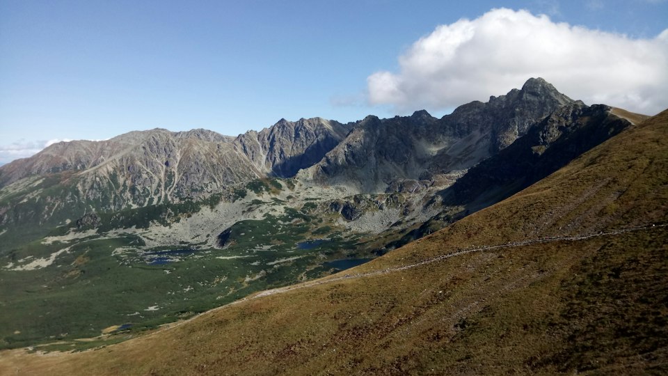 Panoramic view of jagged Tatra peaks and small glacial lakes from near the Kasprowy Wierch summit