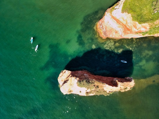 brown rock formation on body of water during daytime in Ladram Bay United Kingdom