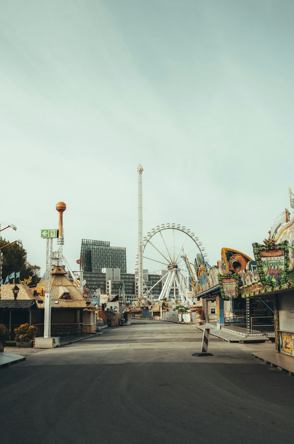 people walking on park with ferris wheel in the distance