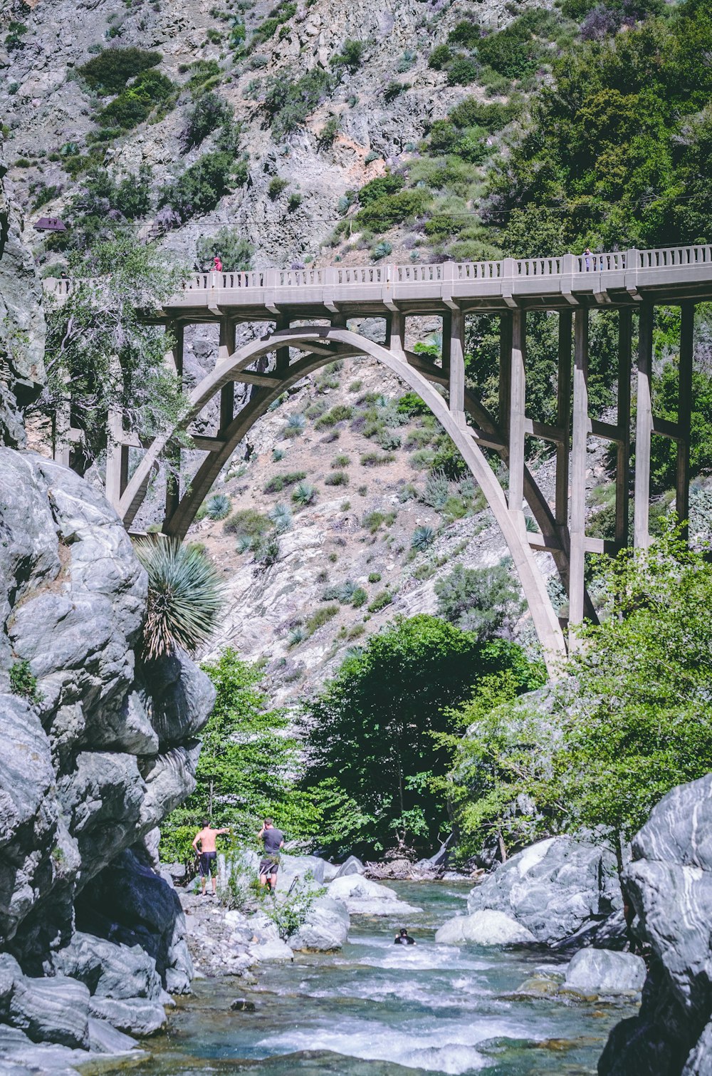 personnes assises sur un rocher près d’un pont pendant la journée