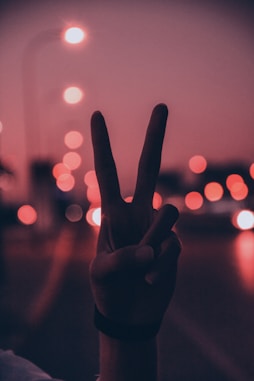 person doing peace sign hand gesture
