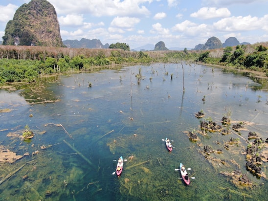 A scenic view of kayaks on a serene lake, ideal for fishing enthusiasts.
