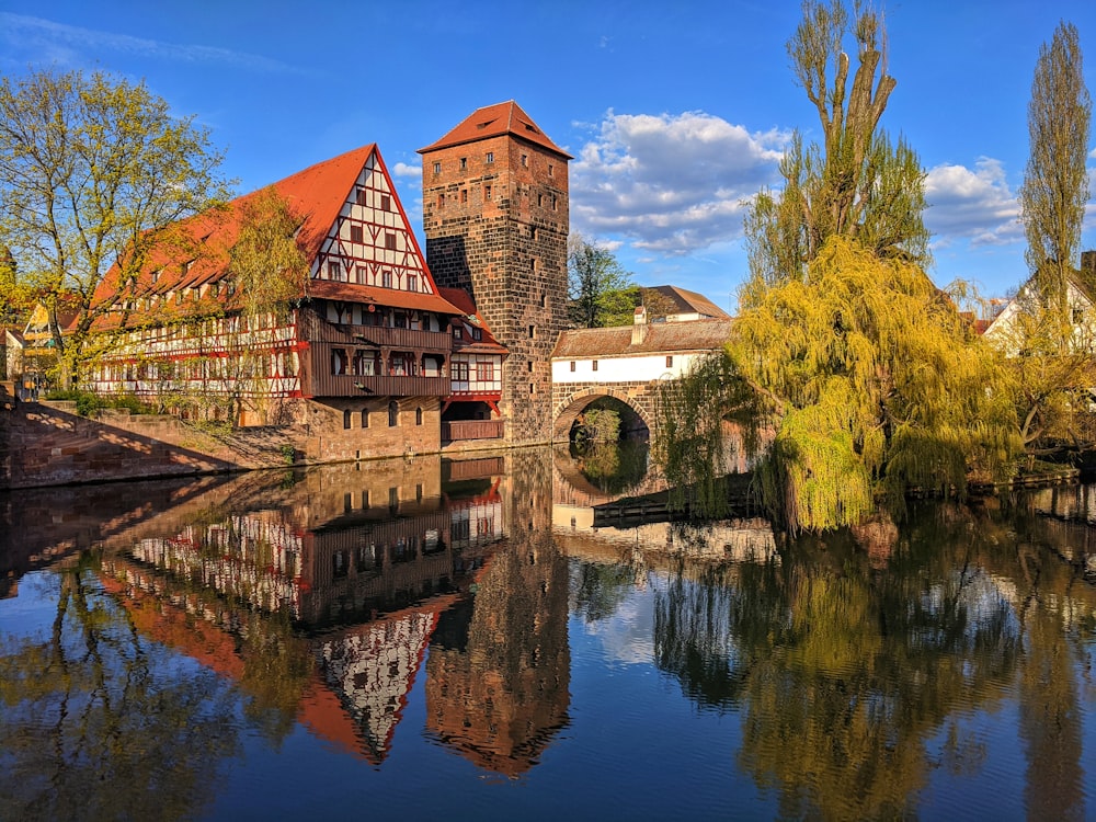 Bâtiment en brique brune près d’un plan d’eau pendant la journée