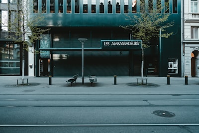A street scene featuring a modern storefront with the sign 'Les Ambassadeurs.' The building facade is dark with large windows lining the top. Two trees with sparse leaves are evenly spaced in front of the shop. The pavement has designated walking paths, and there are a few benches and lamp posts near the storefront. Tram tracks run parallel to the street.