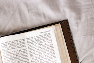 An open book lays on a white fabric surface. The book is open to the page with the title 'MALACHI 3:1' at the top. The text is in black font with some of the words highlighted in red, possibly signifying importance or emphasis. The book has a brown cover that can be partially seen in the image.