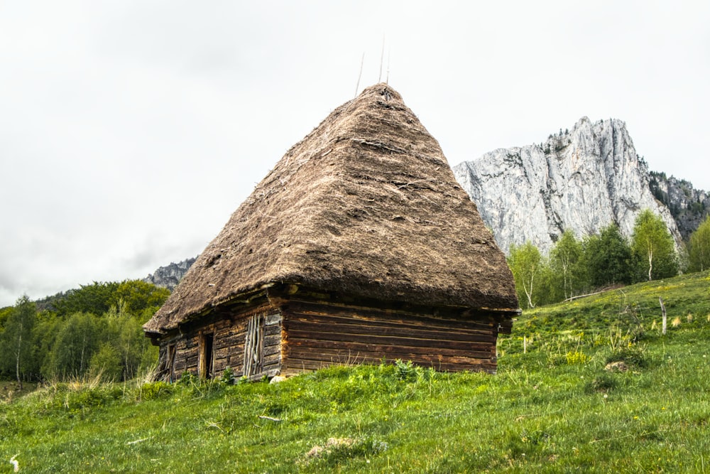 brown wooden house on green grass field near gray rocky mountain during daytime