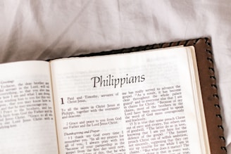 An open page of a book is displayed, specifically showing the beginning of the book of Philippians. The text is in English and the page layout includes chapter and verse numbers in a clear font.