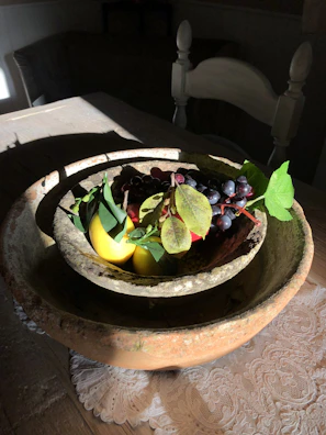 Refreshing snacks and fruit pulps arranged on a rustic wooden table with tropical leaves and sunlight.