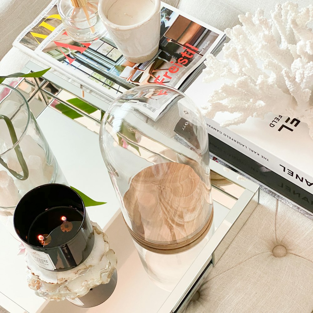 clear glass jar on white table