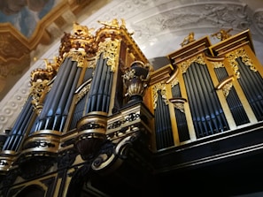 A grand and ornate pipe organ with intricate gold detailing and large vertical pipes against a decorated ceiling. The organ displays elaborate carvings and artistic craftsmanship, contributing to its majestic and imposing presence.