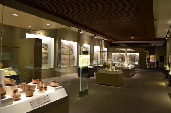 A museum exhibit displays various artifacts in glass cases. Pottery and ancient objects are showcased on pedestals and shelves, with soft overhead lighting illuminating the exhibits. Wall-mounted displays with engravings and stone art pieces add to the historical ambiance of the room.