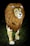 A luminous lion sculpture positioned amidst a backdrop of dark foliage. The lion features a detailed mane with varying shades and expressive eyes, creating a striking glow against the night scenery.