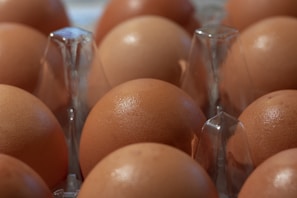 Several brown eggs neatly arranged in a transparent plastic egg carton. The eggs display a natural sheen, and the plastic casing is slightly visible between them, reflecting light subtly.