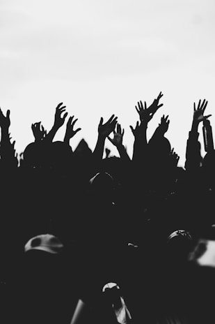 silhouette of people raising their hands