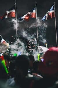 A nighttime scene with a gathering of people holding signs and flags, enveloped in smoke or mist. The flags have red, white, and blue colors. There is a sign with text in Spanish being held up. Various bright, colored lights are visible among the crowd.