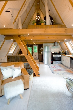 The interior of a tiny home showing an efficient, modern living space