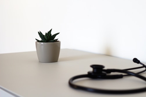 A healthy lifestyle concept with a stethoscope, coins, and a small plant on a wooden desk.