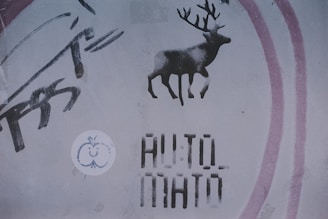 A stencil graffiti of a deer with antlers is sprayed onto a wall, accompanied by layered text reading 'AUTO MATO', a circular sticker with a simplistic drawing of a smiling apple is also visible, and abstract brush-like strokes are on the left side. The overall style appears urban and gritty.