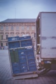 blue and brown wooden crates