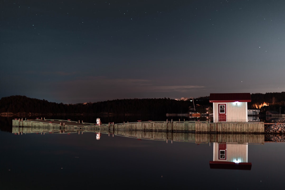 red and white house near body of water during night time