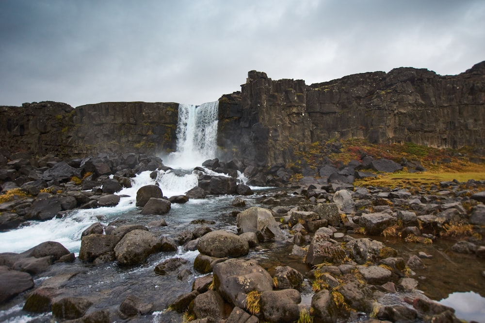 water falls on rocky shore under cloudy sky during daytime