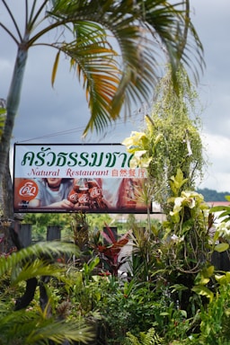 A vibrant outdoor scene featuring a restaurant sign surrounded by lush greenery and tropical plants. The sign displays the text 'Natural Restaurant' in multiple languages and includes an advertising image featuring bottles. The sky appears overcast, providing a backdrop contrasting with the bright foliage.