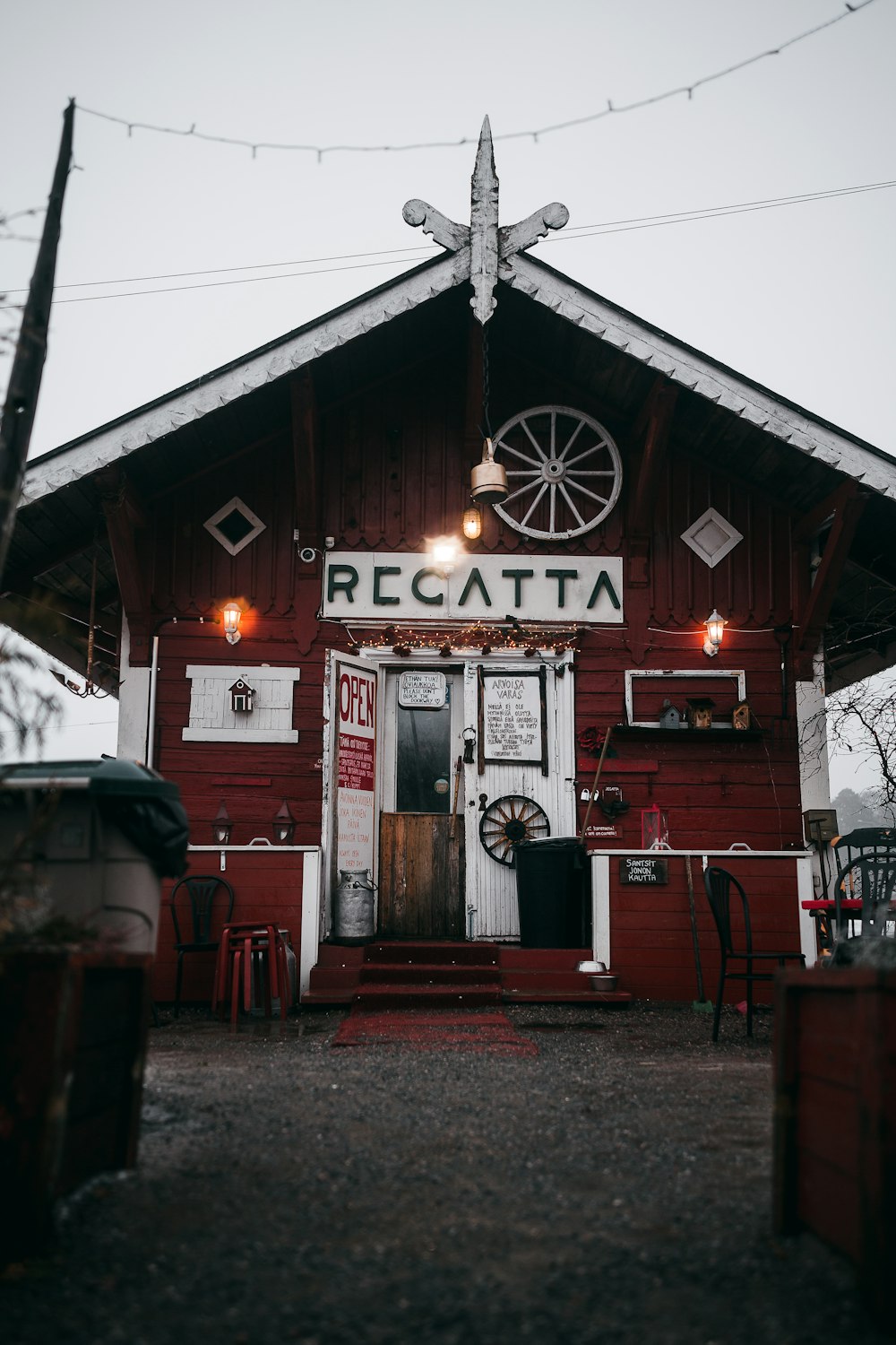 red and white wooden building