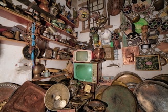 A cluttered room filled with an eclectic mix of vintage and antique items. The scene includes old televisions, copper pots, plates, wall art, and various decorative items. The shelves are crowded with an assortment of objects, including ceramics, dolls, and metallic artifacts. The walls are adorned with colorful plates and framed artworks.