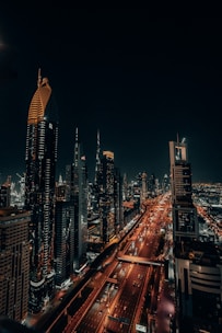 high rise buildings during night time
