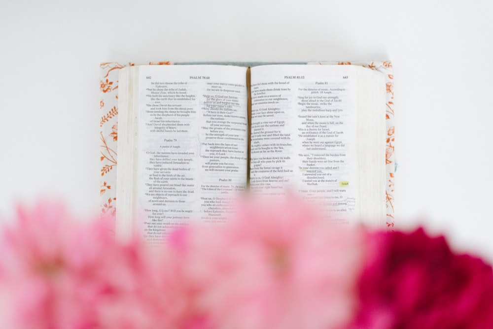 pink flowers on book page
