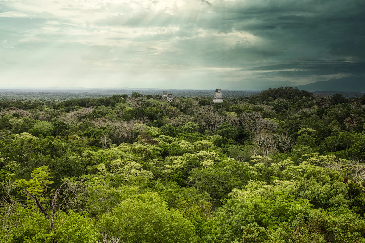 A view over an unbroken forest canopy under a cloudy sky, with the top of a stone temple just showing above the trees.