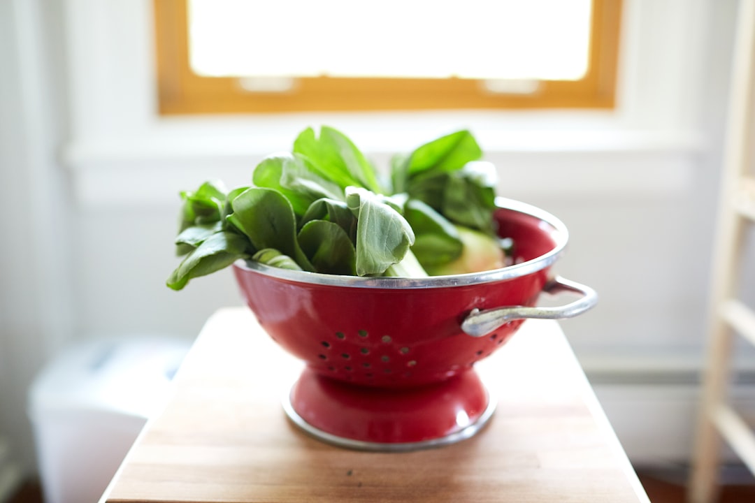 green plant in red ceramic bowl on brown wooden table, Bok Choy.