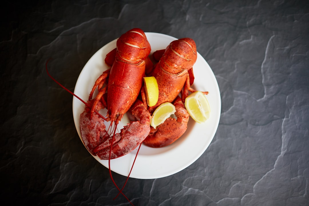 red lobster on white ceramic plate, Lobster.