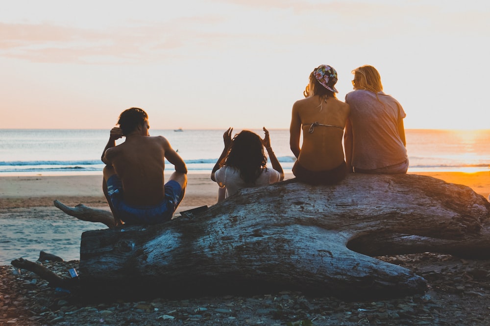 3 women sitting on rock in beach during daytime