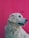 A golden retriever dog is shown in profile against a vibrant pink background. The dog's light-colored fur contrasts with the bright backdrop, and its mouth is slightly open.