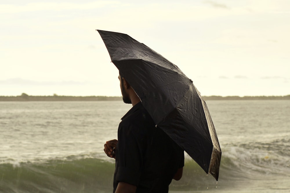 woman in black long sleeve shirt holding umbrella standing on seashore during daytime