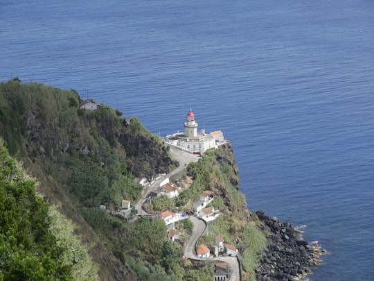 white and red lighthouse on cliff by the sea during daytime in Azores Portugal