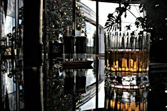A moody, dark bar scene with a glass of golden genever catching the low light against a deep forest green backdrop.