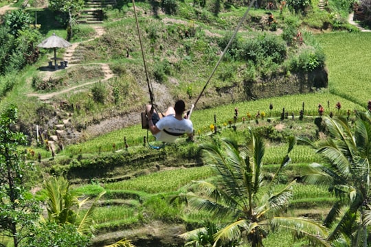 woman in white shirt sitting on green grass field during daytime in Ubud Indonesia