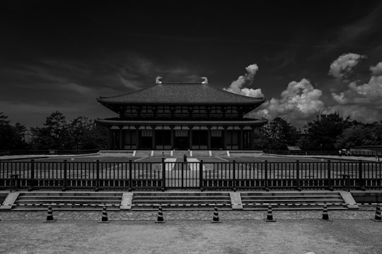 grayscale photo of building near trees in Nara Japan