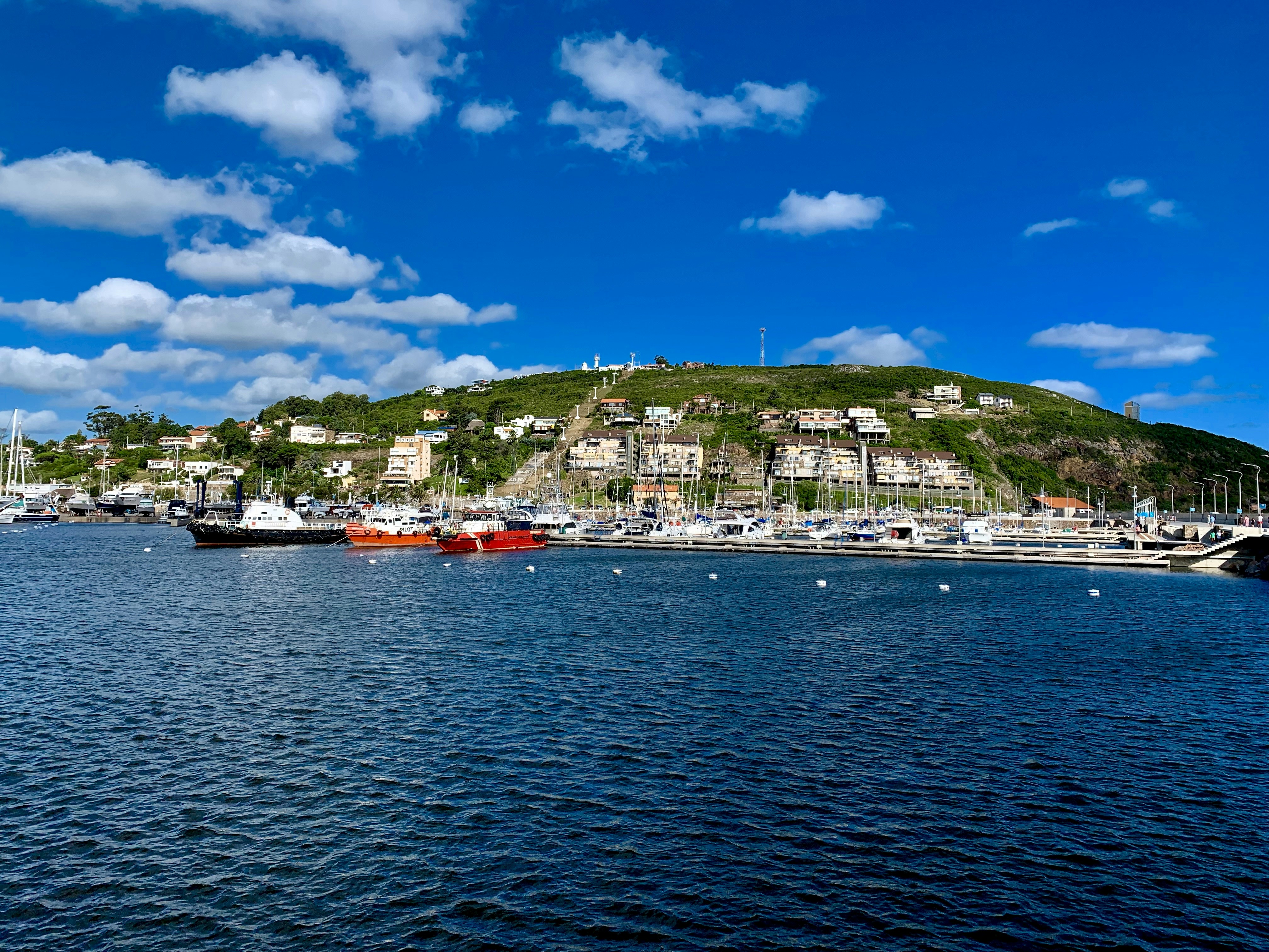 white and red boat on sea near city buildings under blue and white sunny cloudy sky