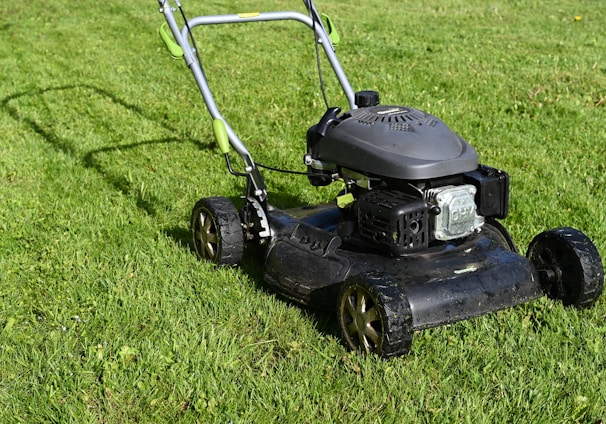 lawn mower cutting green grass