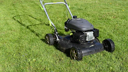 A modern lawn mower cutting fresh green grass on a sunny day.