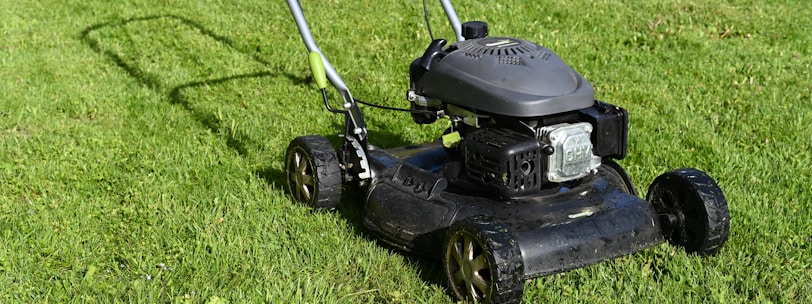 black and yellow push lawn mower on green grass during daytime