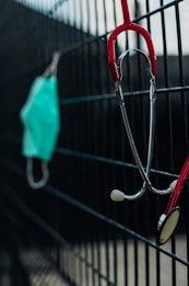 A stethoscope with red tubing is hanging on a black metal fence, and a surgical mask is also hanging next to it slightly blurred in the background.
