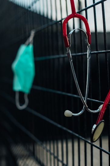 A stethoscope with red tubing is hanging on a black metal fence, and a surgical mask is also hanging next to it slightly blurred in the background.