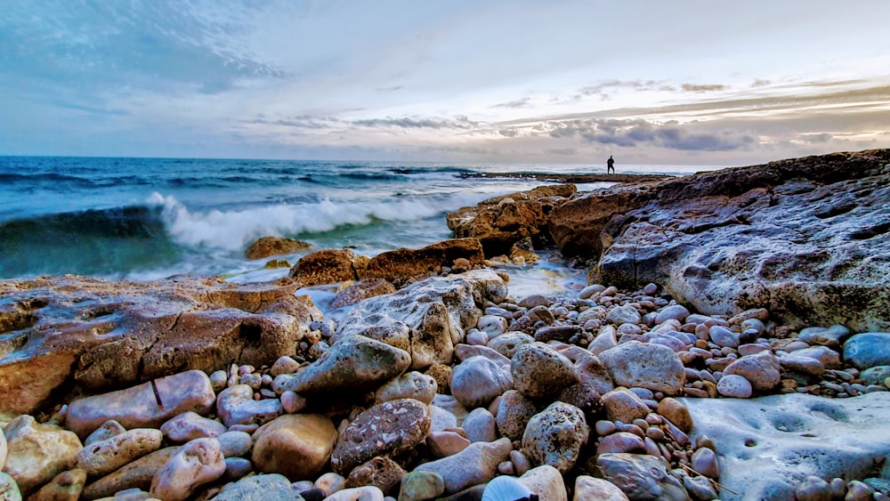 person standing on rocky shore during daytime